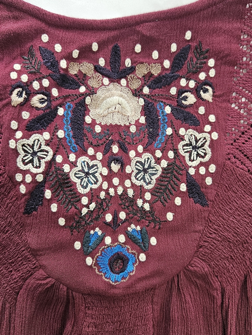 Free People Womens S Plum Burgundy Floral Embroidered V Back Babydoll Dress - Picture 4 of 12